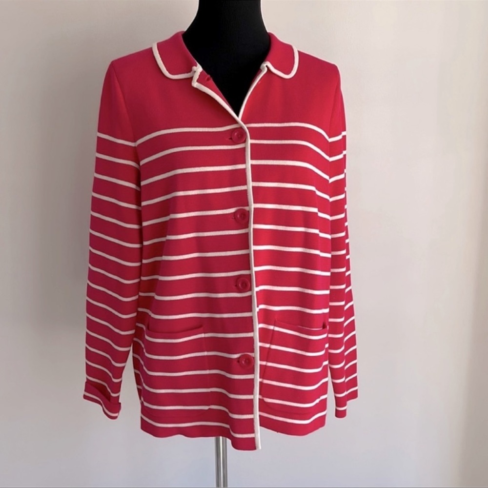 NEW Talbots Women Hot Pink & Cream Striped Knit Blazer Sweater Jacket Size X